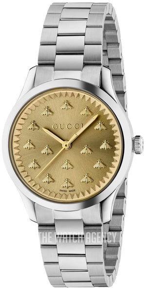 Gucci G Timeless Quartz Gold Dial Silver Steel Strap Watch for Women - YA1265035