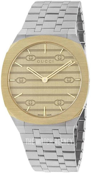 Gucci 25H Quartz Gold Dial Silver Steel Strap Watch for Men - YA163405