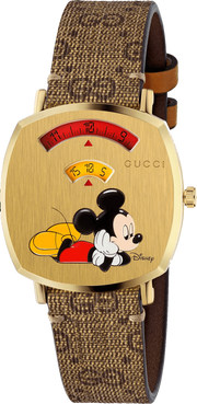 Gucci Grip Disney Mickey Mouse Gold Dial Brown Leather Strap Watch For Women - YA157420