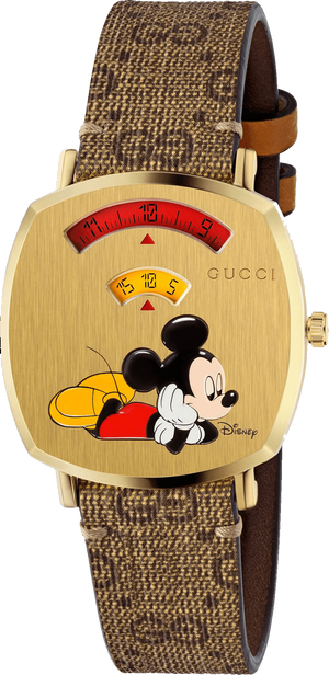 Gucci Grip Disney Mickey Mouse Gold Dial Brown Leather Strap Watch For Women - YA157420