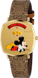 Gucci Grip Disney Mickey Mouse Gold Dial Brown Leather Strap Watch For Women - YA157420