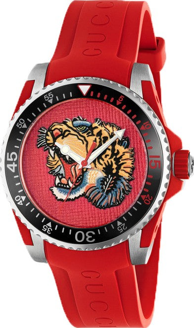Gucci Dive Quartz Red Dial Red Rubber Strap Watch For Men