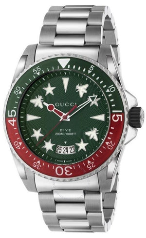 Gucci Dive Quartz Green Dial Silver Steel Strap Watch For Men - YA136222