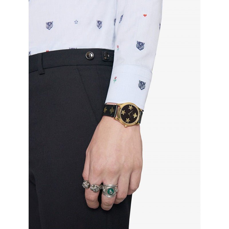 Gucci G Timeless Bee Motif Black Dial Black Leather Strap Watch