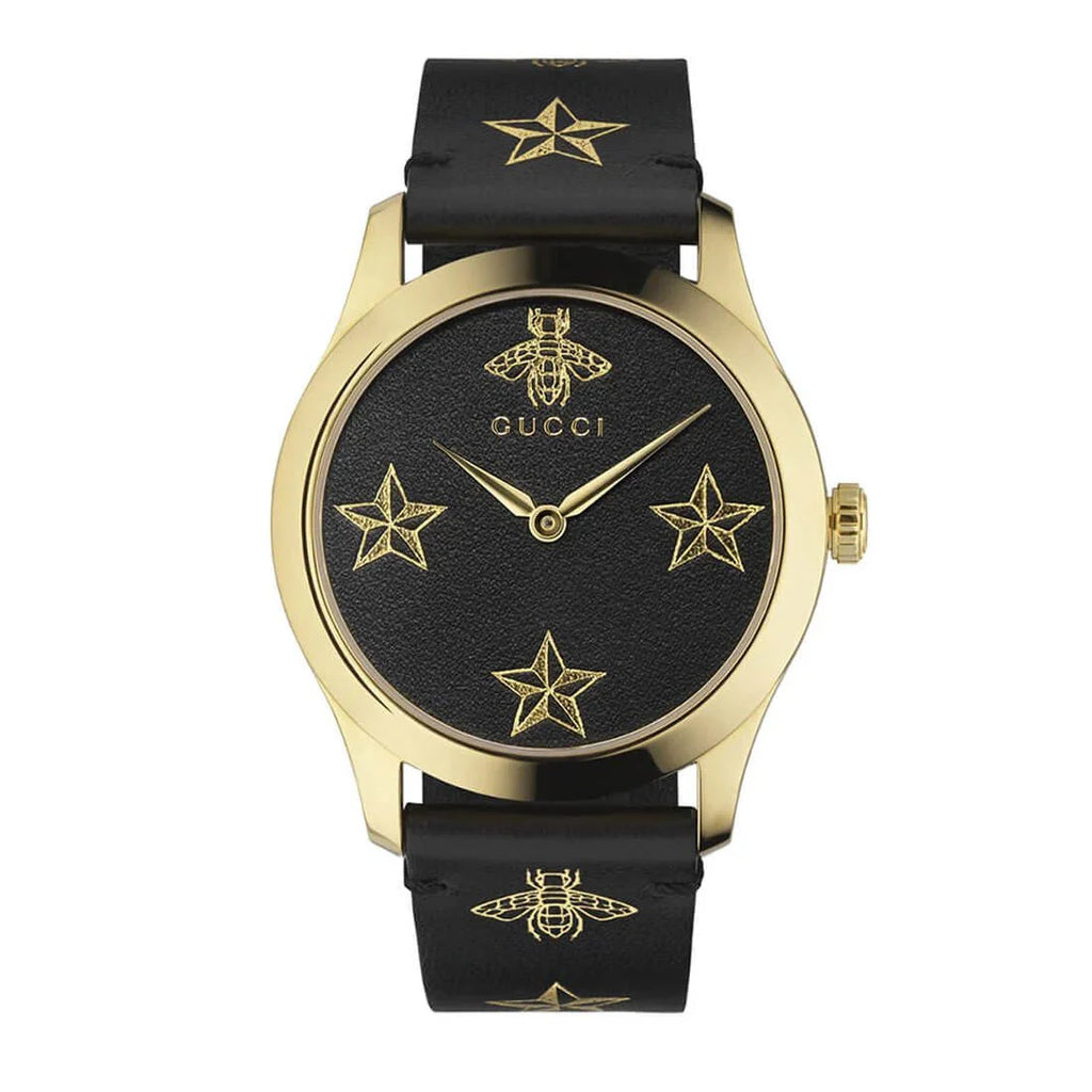 Gucci G Timeless Bee Motif Black Dial Black Leather Strap Watch