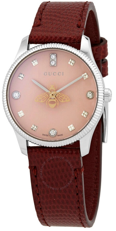 Gucci G Timeless Quartz Diamonds Pink Dial Red Leather Strap