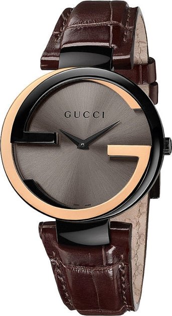 Gucci Interlocking G 18K Gold Black Dial Brown Leather Strap  display picture 3