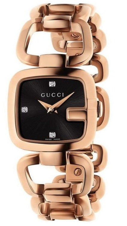 Gucci G Ladies Diamonds Black Dial Rose Gold Steel Strap Watch For