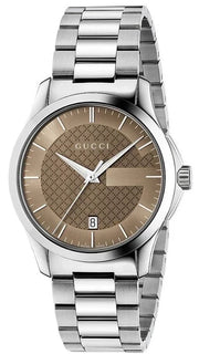 Gucci G Timeless Brown Dial Silver Steel Strap Watch For Men - YA126445