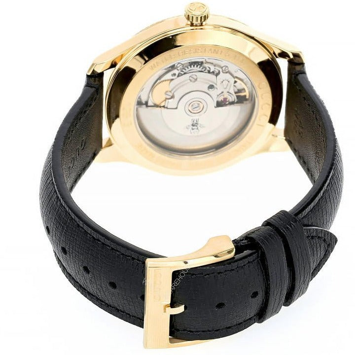 Gucci Eryx Automatic Chevron Gold Dial Black Leather Strap Watch