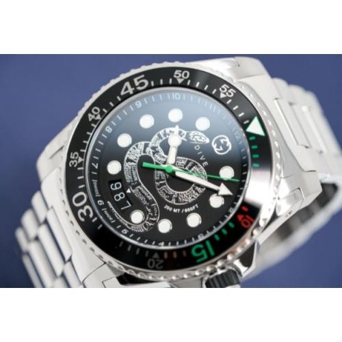 Gucci Dive Snake Black Dial Silver Steel Strap Watch For Men Gucci Dive Snake Black Dial Silver Steel Strap Watch For Men