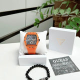 Guess Phoenix Multifunction Black Dial Orange Rubber Strap Watch For Men - GW0203G10