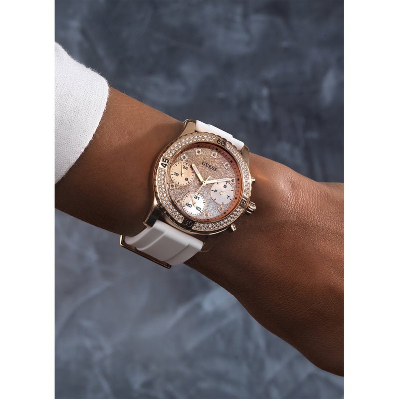 Guess Confetti Crystal Rose Gold Dial White Silicone Strap  display picture 1