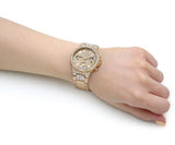Guess Moonlight Multi Function Diamonds Gold Dial Gold Steel Strap Watch for Women - GW0320L2