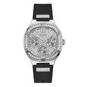 Guess Duchess Crystals Silver Dial Black Silicon Strap Watch For Women - GW0619L1