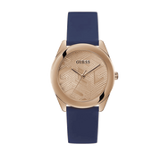 Guess Cubed Analog Rose Gold Dial Blue Leather Strap Watch For Women - GW0665L2