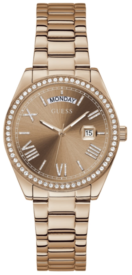 Guess Luna Diamonds Rose Gold Dial Rose Gold Steel Strap Watch for Women Guess Luna Diamonds Rose Gold Dial Rose Gold Steel Strap Watch for Women
