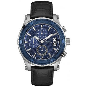 Guess Pinnacle Chronograph Quartz Blue Dial Black Leather Strap Watch For Men - W0673G4