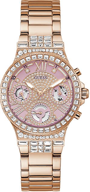 Guess Glitz Multi Function Diamonds Pink Dial Rose Gold Steel Strap Watch for Women - GW0320L6