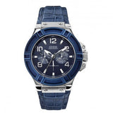 Guess Rigor Multifunction Chronograph Blue Dial Blue Leather Strap Watch For Men - W0040G7