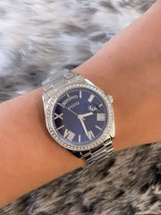 Guess Luna Diamonds Blue Dial Silver Steel Strap Watch for Women - GW0307L1