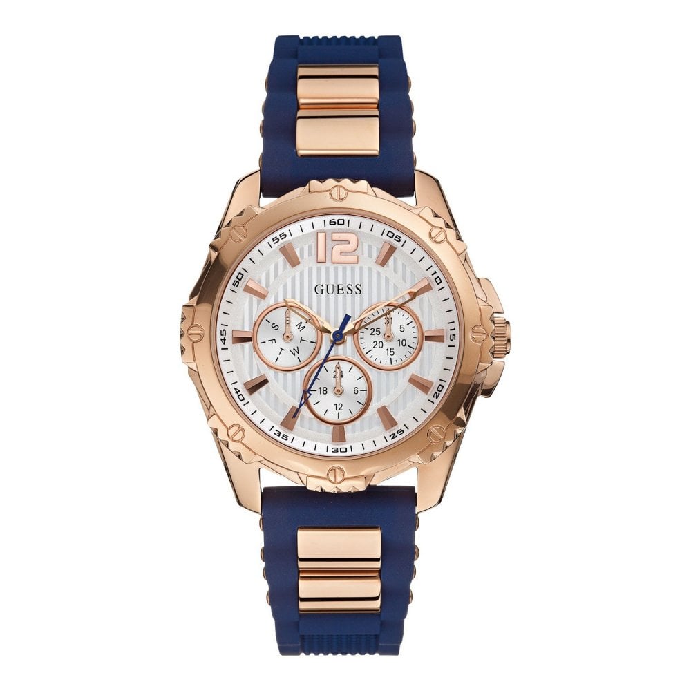 GUESS Rose Gold Watch with Blue Silicone Strap GUESS® Rose Gold-Tone and Blue Silicone Multifunction Watch main image 4