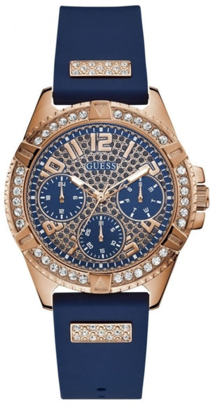 Guess Frontier DIamonds Gold Dial Blue Rubber Strap Watch For Women - W1160L3