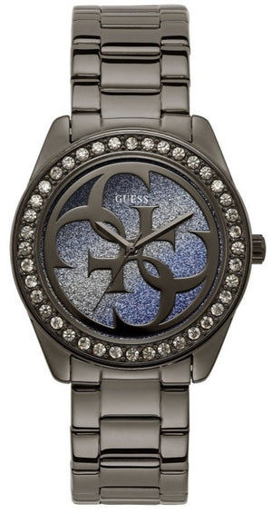 Guess G Twist Diamonds Purple Dial Black Steel Strap Watch For Women - W1201L4