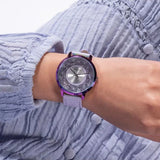 Guess Dahlia Analog Silver Dial Purple Leather Strap Watch For Women - GW0529L4