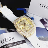 Guess Phoenix Multifunction Quartz Gold Dial White Silicon Strap Watch For Men - GW0048G3