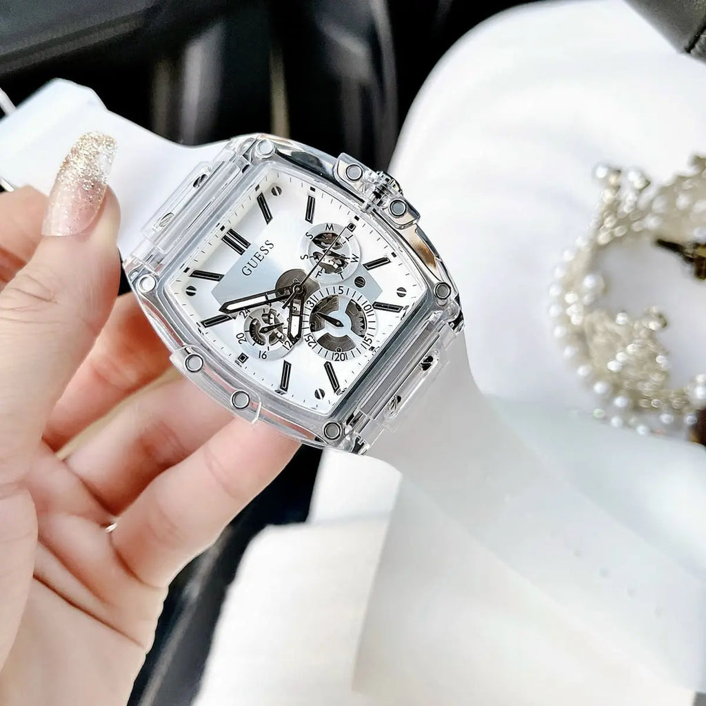 Rubber Strap Multi Men White Dial Guess for Function Phoenix Silver Watch