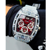 Guess Phoenix Quartz Burgundy Dial Transparent Silicone Strap Watch For Men - GW0499G9