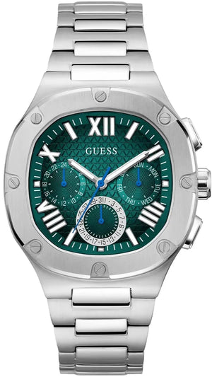 Guess Headline Quartz Green Dial Silver Steel Strap Watch For Men - GW0572G6