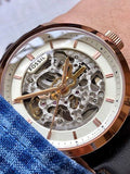 Fossil Townsman Automatic Skeleton White Dial Brown Leather Strap Watch for Men - ME3078