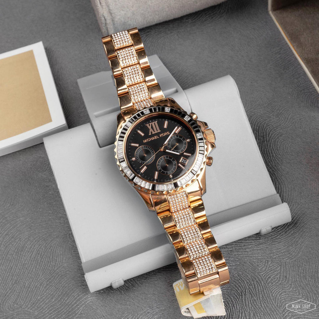 Michael Kors Everest Chronograph Black Dial Rose Gold Steel Strap