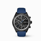 Hugo Boss Grand Prix Chronograph Black Dial Blue Leather Strap Watch for Men - 1513563