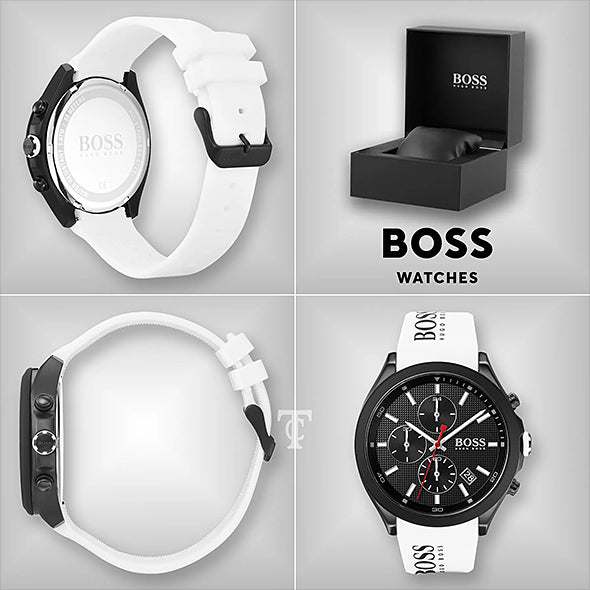 Hugo Boss Velocity Black Strap Men White Rubber Dial Watch for
