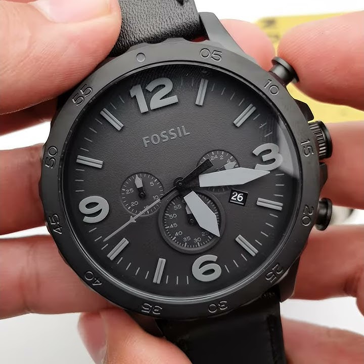 Fossil Nate Chronograph Black Dial Black Leather Strap Watch for Men