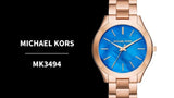 Michael Kors Slim Runway Quartz Blue Dial Rose Gold Steel Strap Watch For Women - MK3494