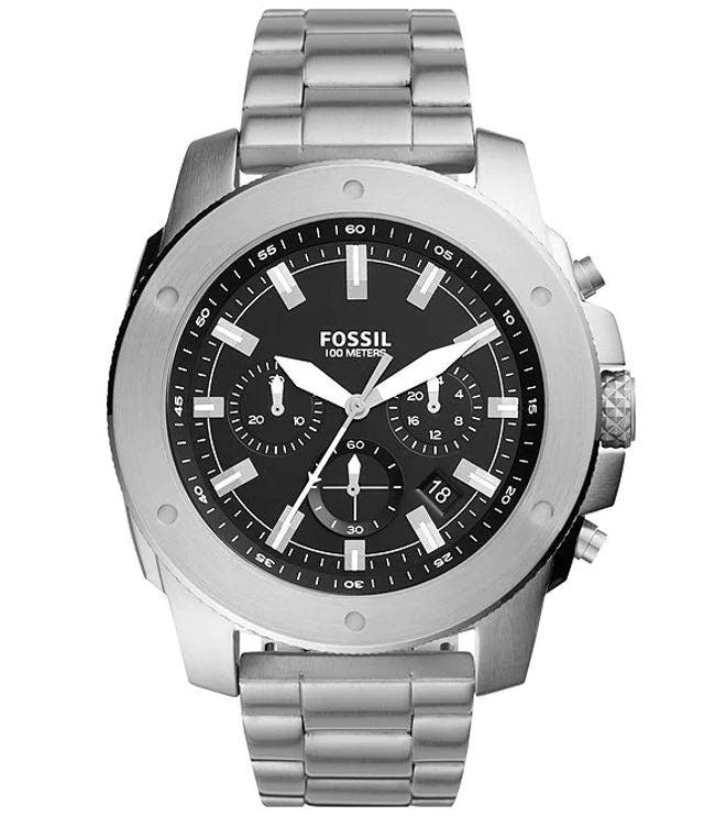 Fossil Modern Machine Black Dial Silver Steel Strap Watch for Men