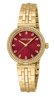 Just Cavalli Chiarezza Snake Core Red Dial Gold Steel Strap Watch for Women - RC5L078M0035