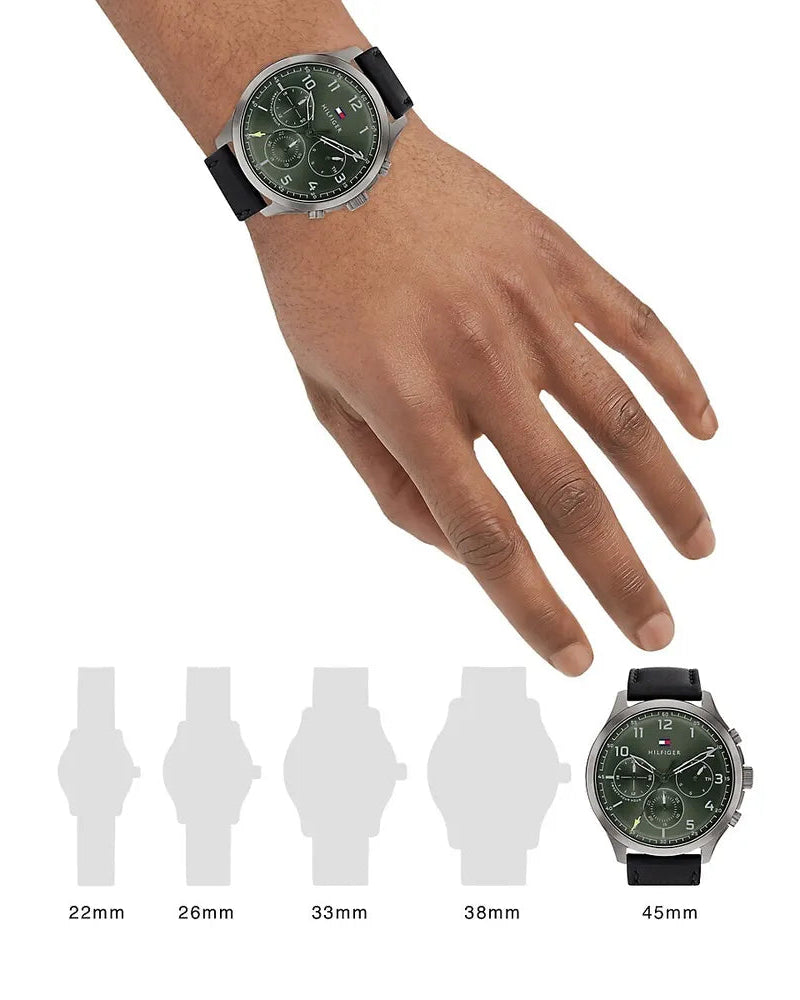 Tommy Hilfiger Asher Chronograph Green Dial Black Leather Strap Watch For Men - 1791856