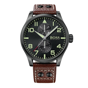 Hugo Boss Aeroliner Maxx Black Dial Brown Leather Strap Watch For Men - 1513079