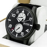 Hugo Boss Aeroliner Chronograph Black Dial Black Leather Strap Watch For Men - 1513086