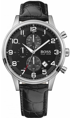 Hugo Boss Aeroliner Chronograph Quartz Black Dial Black Leather Strap Watch For Men - HB1512448