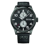 Hugo Boss Aeroliner Chronograph Black Dial Black Leather Strap Watch For Men - 1513086