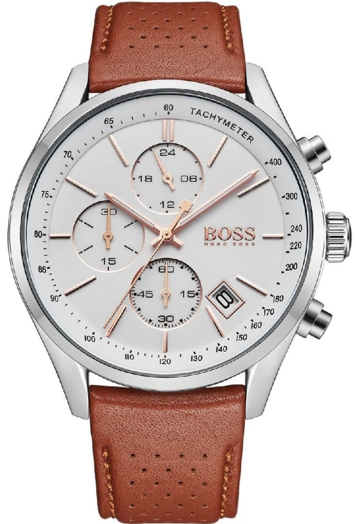 Hugo Boss Grand Prix White Dial Brown Leather Strap Watch for Men