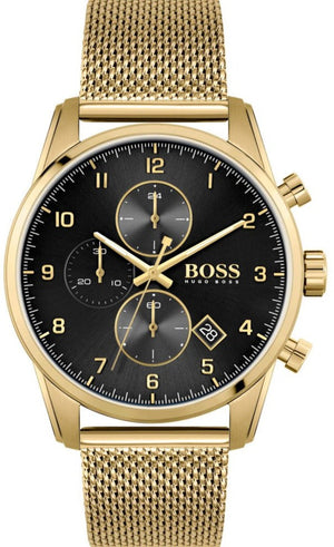 Hugo Boss Skymaster Chronograph Black Dial Gold Mesh Bracelet Watch for Men - 1513838
