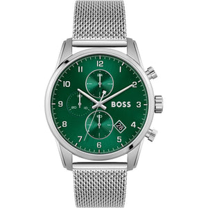 Hugo Boss Skymaster Chronograph Green Dial Silver Mesh Bracelet Watch for Men - 1513938