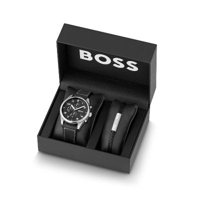 Men Allure Black Leather Strap Black Watch Dial Hugo for Boss